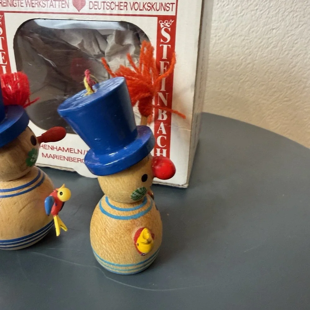 Two Steinbach Snowman Ornaments - Twin Brothers Natural Wood Erzgebirge